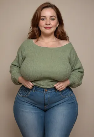Mature, gilf, 60 years old, (oversized ssbbw:1.3), ., (Oversized thick thighs and oversized wide hips:1), . Oversized wide sweater. Natural auburn hair, thick. Freckles on face. Long eyelash. Full lips, lipstick. Tight highwaist jeans. Hoop earrings. Seductive posing. Seductive smile. Fupa. Green eyes