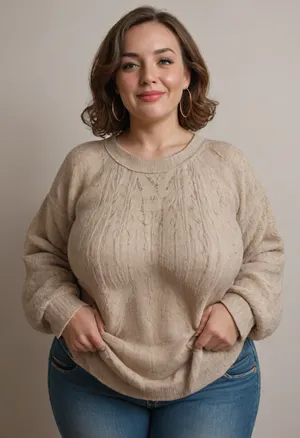 Mature, gilf, 80 years old, (oversized ssbbw:1.4), ., (Oversized thick thighs and oversized wide hips:1), . Oversized wide thin sweater. Natural brown hair, thick. Freckles on face. Long eyelash. Full lips, lipstick. Tight highwaist jeans. Hoop earrings. Seductive posing. Seductive smile. Fupa. Green eyes, sagging, drooping