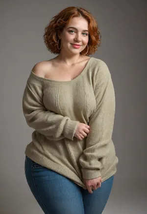 Mature, gilf, 60 years old, (oversized ssbbw:1.4), ., (Oversized thick thighs and oversized wide hips:1), . Oversized wide thin sweater. Natural ginger hair, thick. Freckles on face. Long eyelash. Full lips, lipstick. Tight highwaist jeans. Hoop earrings. Seductive posing. Seductive smile. Fupa. Green eyes, sagging, drooping