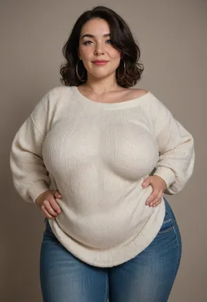Mature, gilf, 80 years old, (oversized ssbbw:1.4), ., (Oversized thick thighs and oversized wide hips:1), . Oversized wide thin sweater. Natural black hair, thick. Freckles on face. Long eyelash. Full lips, lipstick. Tight highwaist jeans. Hoop earrings. Seductive posing. Seductive smile. Fupa. Green eyes, sagging, drooping