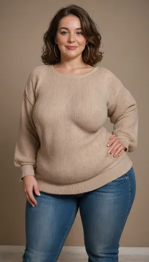 Mature, gilf, 80 years old, (oversized ssbbw:1.4), ., (Oversized thick thighs and oversized wide hips:1), . Oversized wide thin sweater. Natural brown hair, thick. Freckles on face. Long eyelash. Full lips, lipstick. Tight highwaist jeans. Hoop earrings. Seductive posing. Seductive smile. Fupa. Green eyes, sagging, drooping