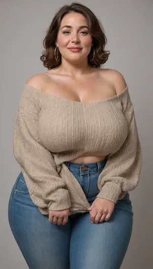 Mature, gilf, 80 years old, (oversized ssbbw:1.4), ., (Oversized thick thighs and oversized wide hips:1.2), . Oversized wide thin sweater. Natural brown hair, thick. Freckles on face. Long eyelash. Full lips, lipstick. Tight highwaist jeans. Hoop earrings. Seductive posing. Seductive smile. Fupa. Green eyes, sagging, drooping