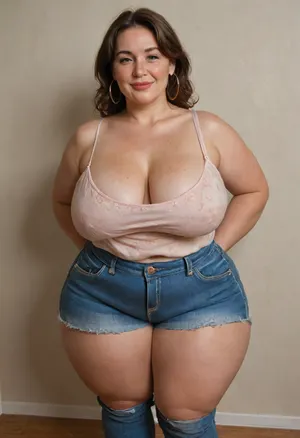 Mature, gilf, 80 years old, (oversized ssbbw:1.2), ., (Oversized thick thighs and oversized wide hips:1), . Oversized wide thin camisole. Natural brown hair, thick. Freckles on face. Long eyelash. Full lips, lipstick. Tight highwaist jeans. Hoop earrings. Seductive posing. Seductive smile. Fupa. Green eyes, sagging, drooping