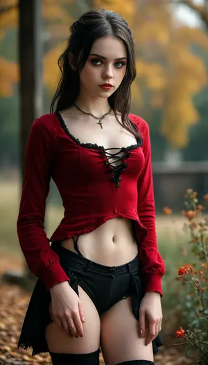 student, Erotica, Pale skin, Black and red clothes, ripped revealing clothes, goth, Small tits, (full body view), Tinymodel, young, schoolgirl, 20 years old, perfect face, dark brown eyes, cute, closeup, petite body, smokey eyes, full body photo, beautiful face, (Ultra detailed skin:1.5), (ultra high resolution:1.5), <lora:MJ52:.4>