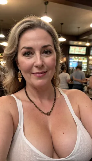 Raw picture, iPhone 15 pro photo, warm light, group of ssbbw Belgian woman, 65 years old, light eyes, looking at the camera, smiling, large boobs, saggy boobs, slim, brown necklace, taking a selfie in a busy bar, flashphoto, Pale skin, showing her boobs, dark light, skin detailed with skin imperfections, long white sun dress, braless