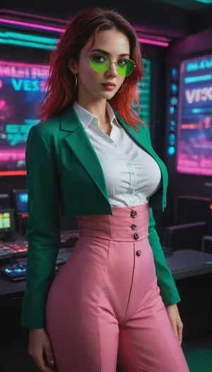 woman in an 80's disco, (((green sunglasses))), in the style of retro funk art, disco themed, wild and daring, black wall background, lively movement, ultimate realism. 3/4 view, huge round breasts, wide hips, hourglass figure, waist, red neon lights, cyberpunk, vaporwave, neon, vibes, vibrant, stunningly beautiful, crisp, hyperdetailed, sleek, ultramodern, red highlights, dark red shadows, high contrast, cinematic, ultra detailed, intricate, professional room with dimmed lights, (((green office jacket))), (((pink high waist office trousers)))