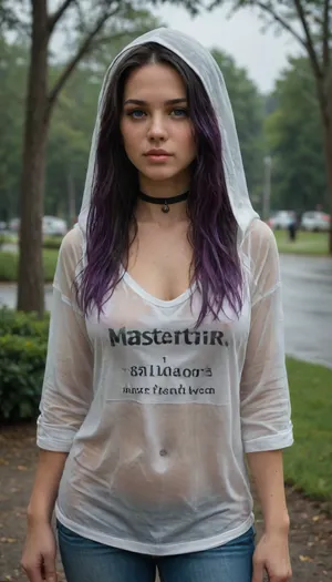 masterpiece, best quality, amazing quality, pkmerc, realistic, 1girl, long hair, pants, baggy t-shirt, outdoors, park, black hair, purple hair, blue eyes, freckles, gradient hair, piercing, choker, wet hair, rolled up shirt, navel, no bra, overcast, rain, wet clothes, curvy, thick thighs, transparent raincoat, hood up, headphones around neck, baggy sleeves, assertive female, confident, hands on hood