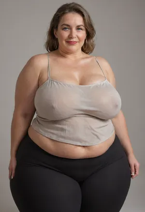 Mature, gilf, 80 years old, (oversized ssbbw:1.5), ., (Oversized thick thighs and oversized wide hips:1.2), . Oversized wide thin camisole. Natural brown hair, thick. Freckles on face. Long eyelash. Full lips, lipstick. Tight highwaist yoga pants. Hoop earrings. Seductive posing. Seductive smile. Fupa. Blue eyes, sagging, drooping, bulging cameltoe, puffy, plump, blonde, wrinkles, jewelry, long, hair, short, smiling, 1girl, blue, eyes, <lora:Older_woman-000008:.4>
