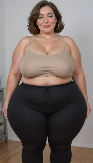 Mature, gilf, 80 years old, (oversized ssbbw:1.5), ., (Oversized thick thighs and oversized wide hips:1.2), . Oversized wide thin camisole. Natural brown hair, thick. Freckles on face. Long eyelash. Full lips, lipstick. Tight highwaist yoga pants. Hoop earrings. Seductive posing. Seductive smile. Fupa. Big eyes, sagging, drooping, bulging cameltoe, puffy, plump, blonde, wrinkles, jewelry, long, hair, short, smiling, 1girl, blue, eyes