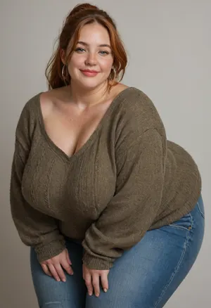 Mature, 45 years old, (oversized ssbbw:1.5), ., (Oversized thick thighs and oversized wide hips:1.2), . Oversized wide sweater. Natural ginger hair, thick ponytail. Freckles on face. Long eyelash. Busty lips, lipstick. Tight jeans. Big earrings. Seductive posing, bent over to the camera. Seductive smile.