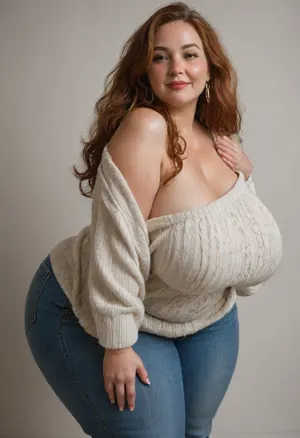 Side view, Mature, 80 years old, (oversized ssbbw:1.5), ., (Oversized thick thighs and oversized wide hips:1), . Oversized wide sleeveless sweater. Natural auburn hair, thick. Freckles on face. Long eyelash. Busty lips, lipstick. Tight jeans. Big earrings. Seductive posing, bent over to the camera. Seductive smile. Hanging breasts