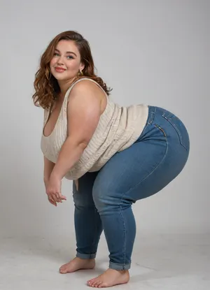 Side view, Mature, 80 years old, (oversized ssbbw:1.5), ., (Oversized thick thighs and oversized wide hips:1), . Oversized wide sleeveless sweater. Natural auburn hair, thick. Freckles on face. Long eyelash. Busty lips, lipstick. Tight jeans. Big earrings. Seductive posing, bent over to the camera. Seductive smile. Hanging breasts