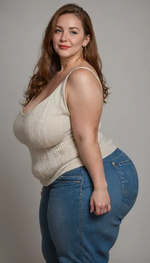 Side view, Mature, 80 years old, (oversized ssbbw:1.5), ., (Oversized thick thighs and oversized wide hips:1), . Oversized wide sleeveless sweater. Natural auburn hair, thick. Freckles on face. Long eyelash. Busty lips, lipstick. Tight jeans. Big earrings. Seductive posing, bent over to the camera. Seductive smile. Hanging breasts, blonde, wrinkles, jewelry, long, hair, short, smiling, 1girl, blue, eyes, <lora:Older_woman-000008:.8>