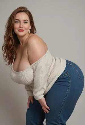 Side view, Mature, 80 years old, (oversized ssbbw:1.5), ., (Oversized thick thighs and oversized wide hips:1), . Oversized wide sleeveless sweater. Natural auburn hair, thick. Freckles on face. Long eyelash. Busty lips, lipstick. Tight jeans. Big earrings. Seductive posing, bent over to the camera. Seductive smile. Hanging breasts, blonde, wrinkles, jewelry, long, hair, short, smiling, 1girl, blue, eyes, <lora:Older_woman-000008:.8>