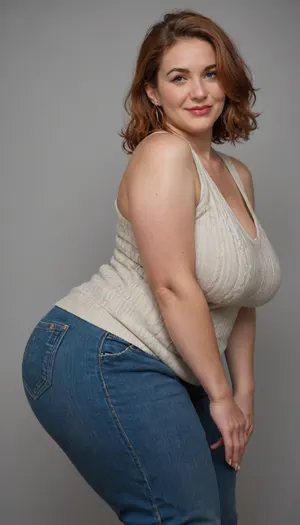 Side view, Mature, 80 years old, (oversized ssbbw:1.3), ., (Oversized thick thighs and oversized wide hips:1), . Oversized wide sleeveless sweater. Natural auburn hair, thick. Freckles on face. Long eyelash. Busty lips, lipstick. Tight jeans. Big earrings. Seductive posing, bent over to the camera. Seductive smile. Hanging breasts, blonde, wrinkles, jewelry, long, hair, short, smiling, 1girl, blue, eyes, <lora:Older_woman-000008:.8>