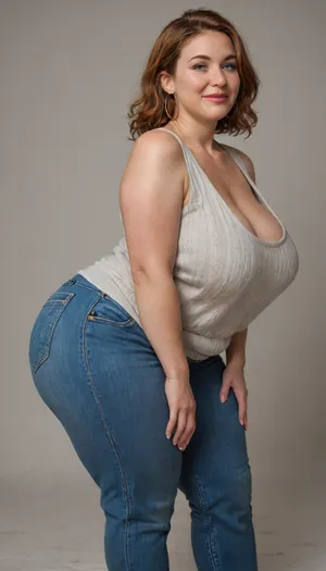Side view, Mature, 80 years old, (oversized ssbbw:1.3), ., (Oversized thick thighs and oversized wide hips:1), . Oversized wide sleeveless sweater. Natural auburn hair, thick. Freckles on face. Long eyelash. Busty lips, lipstick. Tight jeans. Big earrings. Seductive posing, bent over to the camera. Seductive smile. Hanging breasts, blonde, wrinkles, jewelry, long, hair, short, smiling, 1girl, blue, eyes, <lora:Older_woman-000008:.8>