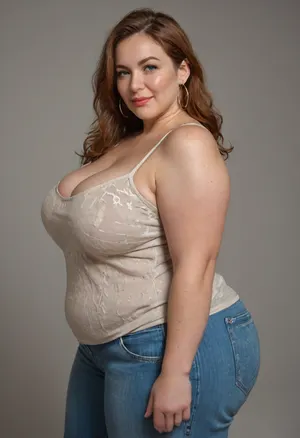 Side view, Mature, 80 years old, (oversized ssbbw:1.3), ., (Oversized thick thighs and oversized wide hips:1), . Oversized wide sleeveless camisole. Natural auburn hair, thick. Freckles on face. Long eyelash. Plump lips, lipstick. Tight jeans. Big earrings. Seductive posing, looking at the camera. Seductive smile, blonde, wrinkles, jewelry, long, hair, short, smiling, 1girl, blue, eyes, <lora:Older_woman-000008:.8>