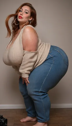Side view, Mature, 80 years old, (oversized ssbbw:1.3), ., (Oversized thick thighs and oversized wide hips:1), . Oversized wide sleeveless sweater. Natural auburn hair, thick. Freckles on face. Long eyelash. Plump lips, lipstick. Tight jeans. Big earrings. Seductive posing, bent over to the camera. Seductive smile. Hanging breasts, wrinkles, jewelry, long, hair, short, smiling, downblouse, nipslip, <lora:RealDownblouseXL2:1>