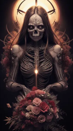 A Macabre and Surreal Illustration of a woman in light pastels depicts a skeletal figure adorned with elaborate floral arrangements that blend elements of the Gothic and Symbolist art movements. Meticulously detailed. Strong contrast between the organic and inorganic. A somber and timeless atmosphere with a hint of nostalgia and history. The light source comes from the front and casts subtle shadows that enhance the three-dimensionality of the bones and flowers. The floral elements are rendered with great attention to detail, their soft petals contrasting with the sharp, angular lines of the skeleton. The flowers add a romantic touch to the work. The texture is smooth with delicate, precise lines and a polished finish. Masterful blend of horror and beauty. Provokes reflection on the transience of life and the inevitability of death.. romantic sunset, red, smoke, colorful and vibrant, mystical colors, iridescent perspective view, sweeping circling composition, non-representational, colors and shapes, expression of feelings, imaginative, long shadows, dreamy mood, detailed photo, photorealistic photo, realistic pretty women photo, realistic night vision, soft fokus, parallax, overexposure, photo style, she kneels, cinematic, filmic, scribbled lines, surrender, polychromatic, diffuse, #©KITTYART