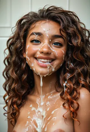 close shot of bukkake, happy and smiling, hd light blue eyes and detailed iris, cumshots, short wavy hair, portrait picture of her face and breasts in cum facial, (perky pointy breasts), with natural minimal makeup, excessive cum on her face, cum on her eyelashes, Cum on her eyelids, Cum on her cheek skin, cum in her mouth, her face wet with Cum, Cum on her lips. cum on her hair, woman, cum on face, (ginger moana99), facialized, superfacialized, <lora:JustCum:1.9>, <lora:add-detail-xl:.1>, <lora:facialized:1.9>