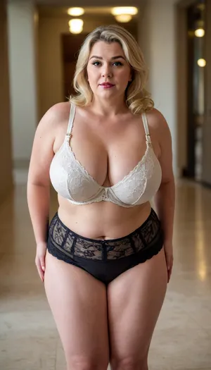 RAW photo, subject, (fine skin detail:1.1), 8k UHD, soft light, high quality, film grain, Fujifilm XT3, dynamic angle, An old blonde head granny, fat, obese, A fat blonde, in a formal office suit, white blouse, short black skirt. In the museum hall, full body photoshoot, heels, huge breast, huge tits, fat legs, ((Deep neckline, lace bra))