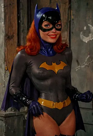 best quality, masterpiece, Batgirl caught bending over and undressing in the Batcave with a flirtatious smile at the viewer, lowcut uniform, p cleavage, sexy, gil, elvgren, <lora:MJ52:1>, <lora:ge-xl:.6>, braless, Wearing, clothes, that, make, sense, with, Braless>, <lora:bralessSDXL_v1_00022:.8>
