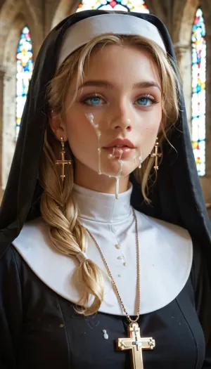 Sexy blonde girl with a big dick jerks off and Cumming all over himself, dressed in catholic nun dress, ((in love)), deep blue perfect eyes, Lots of semen drops on my face and clothes