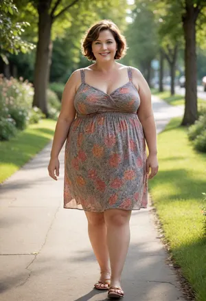 This image features an obese 50 year old mature woman who appears to be short in stature with a visibly chubby build. Her figure is full and rounded, particularly noticeable in her facial features, arms, hips, thighs, and legs. She has wide hips, and plump. She has large sagging breasts, which are implied beneath her light floral-print sundress. Her thighs show visible cellulite. Her face is smiling brightly, indicating a cheerful and joyful demeanor, and she has short, layered haircut, brown hair. She appears to be in a relaxed, carefree state, enjoying a leisurely stroll. The sun illuminates her, highlighting her features.