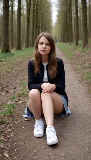 mädchen auf bank an waldweg. warmer frühlingstag. strahlender sonnenschein. mädchen fühlt sich unbeobachtet, (1.4), . Mädchen trägt weiße sneakers. schwarzer minirock. weißes spaghettiträgertop. mittellange braune haare. haare zum zopf gebunden.
