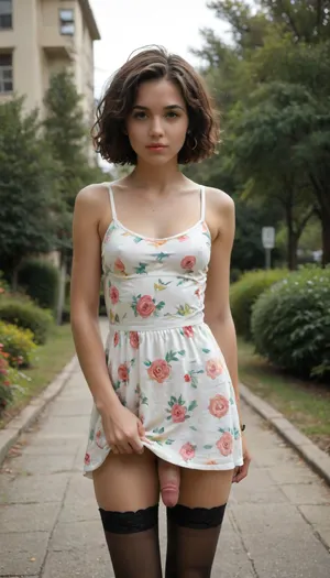 (((1950 pinup style))), painted style, outdoors, swinger dress, 1950s dress, 1950’s dress, pantyless, painted, watercolour, (brunette hair), black stockings and garter, american transgender, curly messy Bob cut, flat boobs, 90E-cup tits, flat breasts, Ad, Americana, Style, vintage, advertisement, retro, 1950's, windyupskirt, photography, (transgender), (futanari), medium penis, (), <lora:windyupskirt_SDXL:2>, <lora:1950s_Photography_XL_V1:.5>