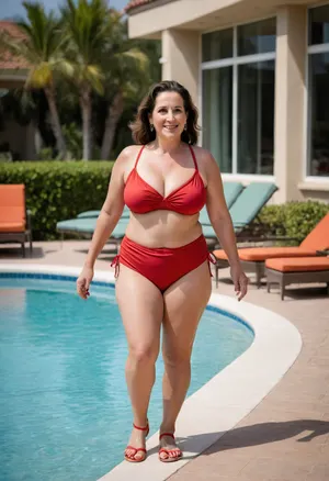 This image shows a curvy 50 year old mature woman walking alongside a swimming pool. She is wearing a two-piece swimsuit, with an olive green top and reddish-orange high-waisted bottoms. She has dark hair tied back. Her facial expression is happy. She has big hips, and a big butt, sagging. She is also wearing red slide sandals. The background shows a building with large windows and some poolside lounge chairs.