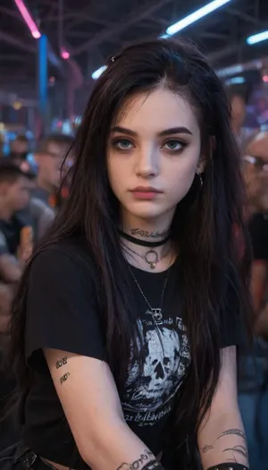 ziprealism, (score_9, score_8_up, score_7_up, 1girl), (medium closeup shot, focus on eyes), sharp focus, (perfect eyes:1.4), (long hair, emo hairstyle, emo esthetic:1.4), (at Coachella, at rock festival, My Chemical Romance, surrounded by crowd), (neutral expression, rave bracelets, rave necklaces:1.4), overexposed, <lora:add-detail-xl:.8>, <lora:Rawfully Stylish v0.2_epoch_20:.2>, igbaddie, <lora:igbaddie-XL:.4>