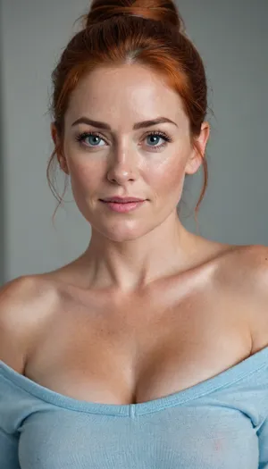 This image features a 50 year old mature woman with fair skin, prominent freckles, and striking brown-reddish-orange hair styled in a high ponytail. Her eyes are a light blue, and she is looking directly at the viewer with a slight smile, her lips painted a soft pink. She has a chubby face, with mature facial features.
She is wearing a light-colored, off-the-shoulder knitted sweater that significantly highlights her very large breasts, which are a central focus of the image. The sweater seems to be stretched by their size. Below the waist, she is wearing fitted blue jeans that emphasize her wide hips and thighs. Her hands are placed on her hips.
The lighting in the image is even and bright, suggesting an indoor setting with a plain, light-colored background. The overall impression is that of a posed photograph, intentionally accentuating her figure.