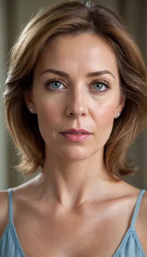 This is a close-up, head-and-shoulders portrait of a woman who appears to be in her 60s, looking directly at the viewer with a serene and confident expression.
Her hair is a warm chestnut brown, subtly streaked with gray, suggesting a natural aging process. It frames her face softly. Her most striking feature is her eyes, which are a vibrant and captivating blue-green color.
Her complexion is fair, and while there are visible lines around her eyes and mouth, they appear to be soft expression lines rather than deep wrinkles, indicating graceful aging. Her lips are full and have a natural, rosy hue.
She is wearing a low-cut, light-colored silk camisole. The fabric has a soft sheen, suggesting luxury, and the cut reveals a significant amount of her chest, indicating that she has large, mature breasts that are prominently displayed.
The lighting is soft and even, highlighting her features without harsh shadows and giving her skin a gentle glow. The background is a simple, blurred, light gray or cream color, ensuring that the focus remains entirely on the woman. The overall impression is one of mature beauty, confidence, and natural elegance.