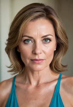 This is a upper body portrait of a mature milf who appears to be in her 60s, looking directly at the viewer with a serene and confident expression.
Her hair is a warm chestnut brown, subtly streaked with gray, suggesting a natural aging process. It frames her face softly. Her most striking feature is her eyes, which are a vibrant and captivating blue-green color.
Her complexion is fair, and while there are visible lines around her eyes and mouth, they appear to be soft expression lines rather than deep wrinkles, indicating graceful aging. Her lips are full and have a natural, rosy hue.
She is wearing a low-cut, light-colored silk camisole. The fabric has a soft sheen, suggesting luxury, and the cut reveals a significant amount of her chest, indicating that she has large, mature breasts that are prominently displayed.
The lighting is soft and even, highlighting her features without harsh shadows and giving her skin a gentle glow. The background is a simple, blurred, light gray or cream color, ensuring that the focus remains entirely on the woman. The overall impression is one of mature beauty, confidence, and natural elegance.