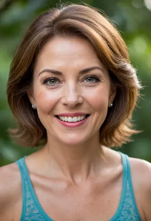 This is a vibrant and engaging close-up portrait of a mature woman who appears to be in her 60s, exhibiting a joyful and confident demeanor.
Her face is framed by rich chestnut brown hair, softened with natural-looking gray streaks, indicating her age gracefully. Her eyes are a striking blue-green, sparkling with vitality as she looks directly at the viewer. The most prominent feature of her face is her wide, open-mouthed smile, revealing full lips and conveying genuine happiness. Her facial features show the natural lines and contours that come with age, adding character and warmth to her expression.
She has a fuller, more mature body shape, consistent with the description of being fat. She is wearing a low-cut, luxurious silk camisole that gracefully drapes over her abundant bust, which appears large and full, indicative of a mature figure. The fabric has a soft sheen, suggesting comfort and elegance.
The lighting in the portrait is soft and diffused, creating a flattering glow on her skin and highlighting the contours of her face and body without harsh shadows. The background is a simple, muted, and blurred tone, ensuring that all attention remains on the woman. The overall impression is one of a woman who is comfortable in her own skin, exuding a cheerful and confident aura that celebrates mature beauty and a joyous spirit.