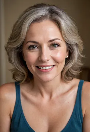 This is a highly realistic, detailed, and high-quality portrait of mature woman in her early to mid-60s, captured at a medium close-up, looking directly at the viewer with a warm and genuine expression.
Her hair is a rich chestnut brown, gracefully streaked with silver and gray, which is subtly styled, framing her face and highlighting her age with elegance. Her eyes are a striking feature, a piercing blue-green color that stands out vividly against her complexion. They convey warmth and a sense of depth and life experience.
Her face is characterized by a big, open-mouthed smile, revealing a full set of teeth and emphasizing her full, well-defined lips. The smile reaches her eyes, creating crinkles at the corners that speak of a lifetime of joy and laughter. Her skin, while showing the natural signs of aging with fine lines and a softer texture, appears healthy and well-maintained. There's a slight plumpness to her cheeks, consistent with a fat or chubby build.
She is wearing a low-cut silk camisole. The fabric appears soft and lustrous, draping over her ample bosom, which is quite large and prominently featured, consistent with the previous descriptions. The garment subtly highlights her curves.
The lighting in the image is soft and warm, casting gentle highlights and shadows that add depth and realism to her features. The background is softly blurred, likely a bokeh effect, ensuring that the entire focus remains on the woman and her expressive face. The overall impression is one of a confident, joyful, and mature woman embracing her natural beauty and age with grace.