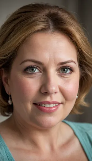 This is a highly realistic, detailed, and high-quality portrait of obese mature woman in her early to mid-60s, captured at a medium close-up, looking directly at the viewer with a warm and genuine expression.
Her hair is a rich chestnut brown, gracefully streaked with silver and gray, which is subtly styled, framing her face and highlighting her age with elegance. Her eyes are a striking feature, a piercing blue-green color that stands out vividly against her complexion. They convey warmth and a sense of depth and life experience.
Her face is characterized by a big, open-mouthed smile, revealing a full set of teeth and emphasizing her full, well-defined lips. The smile reaches her eyes, creating crinkles at the corners that speak of a lifetime of joy and laughter. Her skin, while showing the natural signs of aging with fine lines and a softer texture, appears healthy and well-maintained. There's a slight plumpness to her cheeks, consistent with a fat or chubby build.
She is wearing a low-cut silk camisole. The fabric appears soft and lustrous, draping over her ample bosom, which is quite large and prominently featured, consistent with the previous descriptions. The garment subtly highlights her curves.
The lighting in the image is soft and warm, casting gentle highlights and shadows that add depth and realism to her features. The background is softly blurred, likely a bokeh effect, ensuring that the entire focus remains on the woman and her expressive face. The overall impression is one of a confident, joyful, and mature woman embracing her natural beauty and age with grace.