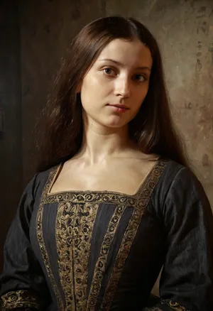 a high-quality vintage portrait photo of a Florentine renaissance woman in 1503, painted in the style of Leonardo da Vinci, with chiaroscuro lighting and oil painting texture, natural face, modest expression, realistic proportions, non-sexualized, historically accurate clothing