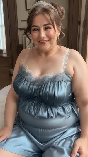 high-quality, realistic, and intricately detailed portrait of a Armenian, fat, bbw, mature gilf in her 60s, depicted in an intimate setting while sitting in a bed. She is looking directly into the camera with an undeniably joyful and open expression. Her hair is a sophisticated blend of rich chestnut brown generously interspersed with distinct streaks of silvery-gray. It's styled softly, framing her face in a way that suggests natural growth rather than rigid styling, beautifully highlighting her age with elegance and grace. Her most captivating feature might be her eyes, which are a striking and vivid blue-green. They sparkle with an authentic warmth and vitality, deeply engaging the viewer and conveying a profound sense of life experience and genuine happiness.
The centerpiece of her face is her wide, open-mouthed smile. This smile is expansive, revealing a full and healthy set of teeth, and accentuating her naturally full, well-defined lips. The very act of her smiling creates visible, soft crinkles at the corners of her eyes and subtly around her mouth, which are not indicative of distress but rather of a life filled with laughter and joy. Her skin, while exhibiting the natural textures and very fine lines associated with aging, appears remarkably healthy, luminous, and soft, indicating good care. There's a noticeable fullness to her cheeks and jawline, contributing to her "chubby" or "fat" build, which adds to her approachable and comfortable appearance.
She is in a low-cut, shimmering silk camisole, which appears to be a light, possibly ivory or pale pastel, color. The fabric itself is highly detailed, showing the soft sheen and elegant drape characteristic of silk. This garment boldly showcases her ample and visibly saggy breasts, which are a prominent feature of her upper body. The natural effect of gravity on mature, large breasts is clearly depicted, contributing to the realism and celebration of her body's natural state. The camisole gracefully conforms to her fuller, more rounded torso and shoulders, emphasizing her fat physique in a comfortable and unposed manner.
The intimate setting places her sitting upright in a bed. The bed linens are simple, appearing to be soft white or a very light, neutral color, which provides a clean and uncluttered backdrop that highlights her vibrant presence. The lighting is exquisitely soft, natural, and diffused, likely originating from a large window or a similar soft light source. This illumination gently wraps around her, accentuating the contours of her face and body without creating harsh shadows, and imparting a warm, inviting glow to her skin and the silk fabric. The background is subtly blurred, maintaining a shallow depth of field that ensures the viewer's entire focus remains intently on the woman and her expressive features. The overall impression is one of profound comfort, genuine happiness, and confident self-acceptance., <lora:age_slider_v20:.8>, mature, female, <lora:plump-lite:.8>