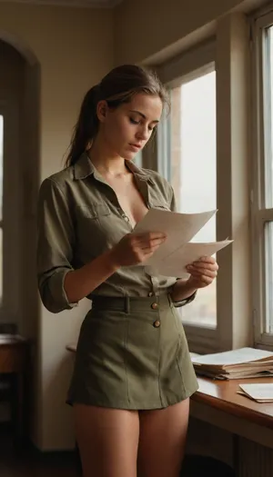 military woman, 18 years old half naked and shaved pussy in classroom, tanned, battledress shirt open to show boobs, standing by the window, reading a letter, in 1985, candid, voyeur