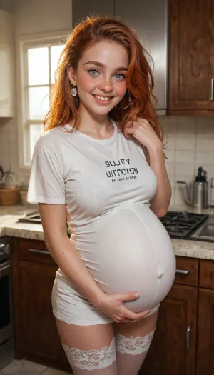 ((1 ginger girl)), (wearing white t-shirt, she is on kitchen with viewer:1.2), (she in love with viewer), standing, pale skin, big bright, (blushing:1.3), aroused, happy, (solo:1.1), perfect face, (bright lighting:1.2), beautiful detailed eyes, extremely detailed face, perfect hands, perfect lighting, white lace thigh-highs, high platform heels, pregnant