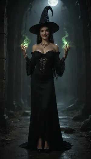 A busty young Irish witch on a windy night in a foggy cemetery on Halloween, (smiling:1.5), (very skinny), (very long straight black hair), ((pointy hat:1.1)), (large round breast implants), (gold hoop earrings), (red lipstick), heels, black frilly lace halter dress with sleeves, she is staring at the viewer, looking down, magical duel, cloudy, smoke, atmospheric, foggy, (green glowing magic smoke over her outstretched hands), <lora:Cloudy_Style:1.2>, <lora:dark:.1>