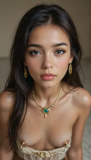 portrait mode, top view, (very teen girl:1.6), young cute asian girl, ((slender body)), 18 years old gorgeous female, (((eye contact))), (slutty pharaoh outfit), tits on display, wet body, (hanging gold nipple jewelry), but, shock, (long hair:1.3), <lora:BUT_SDXL_SHS:.5>, <lora:add-detail-xl:.6>
