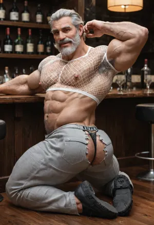 a beefy old daddy 60-years-old, (old beefy daddy:1.5), big muscles, big pecs, very long grey hair, grey hairy body, full beard, thick moustache, angular jawline, kneeling in middle of bar saloon, bar is full of mens, view from top, shameful posing, exhibiting his ass, his big booty, blush, men drooling, wearing net suit and suspenders, big bulge net thong, (net pants:1.4), (net crop-top:1.5), (net torn thong:1.2), six pack abs, hairy chest, showing booty, showing his big ass, exhibiting his big booty, hot sexy dilf, very hairy chest, big nipples, erect nipples, hairy nipples, very hairy body, big beard, grey beard, grey hair, arrogant smile, tremble, surrounded by horny mens, from behind view, cool poses sexy