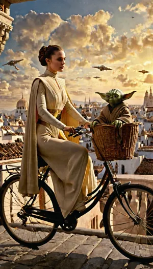 incredibly realistic image, full colour image, full body view, 8K quality, ultra detailed, masterpiece, ((naked Padme Amidala)), riding a bicycle flies through the air above the rooftops, ((with Yoda peering out of the front basket)), hyperrealistic, hyperdetailed, side view