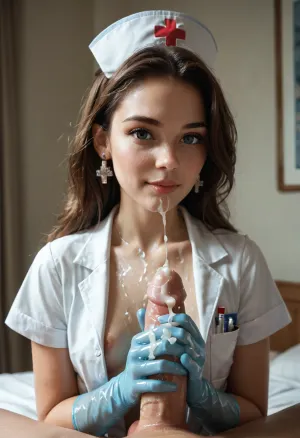 Stable_Yogis_PDXL_Positives, score_9, score_8_up, score_7_up, score_6_up, explicit, 1girl, 18yo, nurse, wearing a nurse’s hat, nurse’s top is unbuttoned revealing small breasts, she is wearing blue latex gloves, she is giving the viewer a handjob, medium sized cock, she looks proud of the viewer, (handjob), long hair, looking at viewer, (cum covering the her hands:1.5)