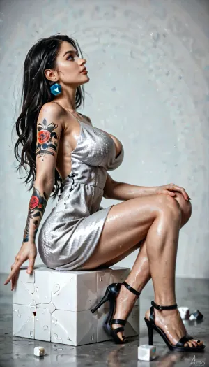 Perfect body, Nordic face, Russian, 25 years old girl, (((straight dark hair))), ((sitting in studio on white cube)), one leg bent on cube, (sexy pose), (asimetrical pose:1), (wearing long silver dress), black high heel sandals, narrow waist, (tattooed thighs), big breasts, perfect hands, perfect face, (((side view, looking on side)))
