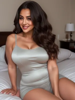high-quality, realistic, and intricately detailed portrait of a Armenian, fat, bbw, mature gilf in her 60s, depicted in an intimate setting while sitting in a bed. She is looking directly into the camera with an undeniably joyful and open expression.
Her hair is a sophisticated blend of rich chestnut brown generously interspersed with distinct streaks of silvery-gray. It's styled softly, framing her face in a way that suggests natural growth rather than rigid styling, beautifully highlighting her age with elegance and grace. Her most captivating feature might be her eyes, which are a striking and vivid blue-green. They sparkle with an authentic warmth and vitality, deeply engaging the viewer and conveying a profound sense of life experience and genuine happiness.
The centerpiece of her face is her wide, open-mouthed smile. This smile is expansive, revealing a full and healthy set of teeth, and accentuating her naturally full, well-defined lips. The very act of her smiling creates visible, soft crinkles at the corners of her eyes and subtly around her mouth, which are not indicative of distress but rather of a life filled with laughter and joy. Her skin, while exhibiting the natural textures and very fine lines associated with aging, appears remarkably healthy, luminous, and soft, indicating good care. There's a noticeable fullness to her cheeks and jawline, contributing to her "chubby" or "fat" build, which adds to her approachable and comfortable appearance.
She is clad in a low-cut, shimmering silk camisole, which appears to be a light, possibly ivory or pale pastel, color. The fabric itself is highly detailed, showing the soft sheen and elegant drape characteristic of silk. This garment boldly showcases her ample and visibly saggy breasts, which are a prominent feature of her upper body. The natural effect of gravity on mature, large breasts is clearly depicted, contributing to the realism and celebration of her body's natural state. The camisole gracefully conforms to her fuller, more rounded torso and shoulders, emphasizing her fat physique in a comfortable and unposed manner.
The intimate setting places her sitting upright in a bed. The bed linens are simple, appearing to be soft white or a very light, neutral color, which provides a clean and uncluttered backdrop that highlights her vibrant presence. The lighting is exquisitely soft, natural, and diffused, likely originating from a large window or a similar soft light source. This illumination gently wraps around her, accentuating the contours of her face and body without creating harsh shadows, and imparting a warm, inviting glow to her skin and the silk fabric. The background is subtly blurred, maintaining a shallow depth of field that ensures the viewer's entire focus remains intently on the woman and her expressive features. The overall impression is one of profound comfort, genuine happiness, and confident self-acceptance., realhips, <lora:realhips:.8>