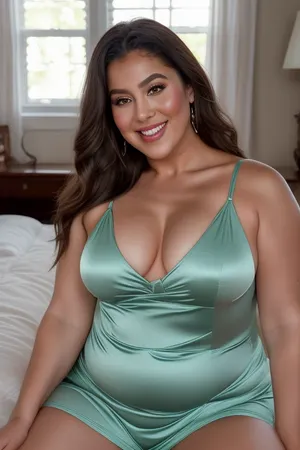 high-quality, realistic, and intricately detailed portrait of a Armenian, fat, bbw, mature gilf in her 60s, depicted in an intimate setting while sitting in a bed. She is looking directly into the camera with an undeniably joyful and open expression.
Her hair is a sophisticated blend of rich chestnut brown generously interspersed with distinct streaks of silvery-gray. It's styled softly, framing her face in a way that suggests natural growth rather than rigid styling, beautifully highlighting her age with elegance and grace. Her most captivating feature might be her eyes, which are a striking and vivid blue-green. They sparkle with an authentic warmth and vitality, deeply engaging the viewer and conveying a profound sense of life experience and genuine happiness.
The centerpiece of her face is her wide, open-mouthed smile. This smile is expansive, revealing a full and healthy set of teeth, and accentuating her naturally full, well-defined lips. The very act of her smiling creates visible, soft crinkles at the corners of her eyes and subtly around her mouth, which are not indicative of distress but rather of a life filled with laughter and joy. Her skin, while exhibiting the natural textures and very fine lines associated with aging, appears remarkably healthy, luminous, and soft, indicating good care. There's a noticeable fullness to her cheeks and jawline, contributing to her "chubby" or "fat" build, which adds to her approachable and comfortable appearance.
She is clad in a low-cut, shimmering silk camisole, which appears to be a light, possibly ivory or pale pastel, color. The fabric itself is highly detailed, showing the soft sheen and elegant drape characteristic of silk. This garment boldly showcases her ample and visibly saggy breasts, which are a prominent feature of her upper body. The natural effect of gravity on mature, large breasts is clearly depicted, contributing to the realism and celebration of her body's natural state. The camisole gracefully conforms to her fuller, chubby torso and shoulders, emphasizing her fat physique in a comfortable and unposed manner.
The intimate setting places her sitting upright in a bed. The bed linens are simple, appearing to be soft white or a very light, neutral color, which provides a clean and uncluttered backdrop that highlights her vibrant presence. The lighting is exquisitely soft, natural, and diffused, likely originating from a large window or a similar soft light source. This illumination gently wraps around her, accentuating the contours of her face and body without creating harsh shadows, and imparting a warm, inviting glow to her skin and the silk fabric. The background is subtly blurred, maintaining a shallow depth of field that ensures the viewer's entire focus remains intently on the woman and her expressive features. The overall impression is one of profound comfort, genuine happiness, and confident self-acceptance., realhips, <lora:realhips:.8>, <lora:weight_slider_v2:.8>